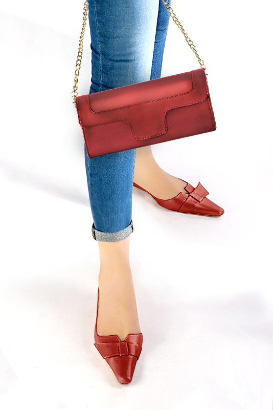 Women's cardinal red luxurious elegant clutch for ceremonies, weddings and evenings out. - Worn view